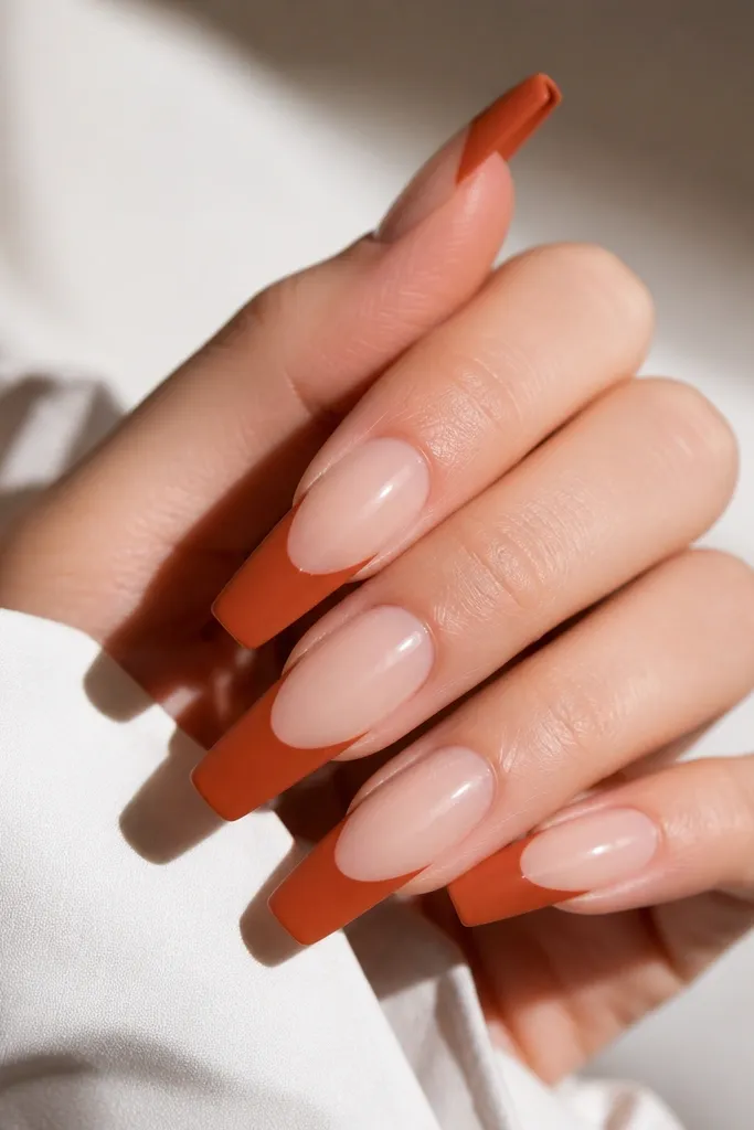 Long coffin nails with glossy sheer nude base. The French tips are rust orange and matte, creating a soft velvety edge. The matte tips have a clean curved line and sharp corners.