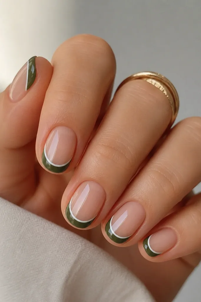Short round nails with sheer nude base. The French tips are blackened olive green, glossy. A thin white line outlines the outside edge of each tip, like a double-border, and the center remains olive.