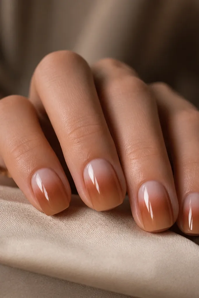 Five short rounded-square nails. The base is a sheer milky nude near the cuticle. The ombre fades from cinnamon brown at mid-nail into a warm caramel beige toward the free edge. The nails have a high-gloss finish and no extra glitter.