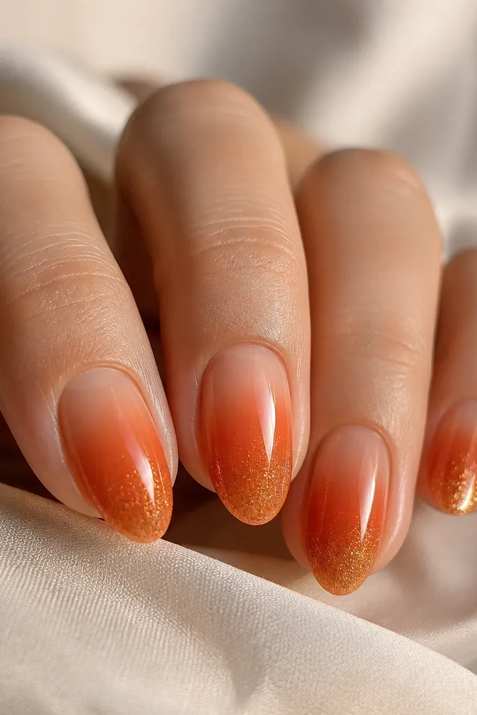 Five short almond nails. The ombre starts near the cuticle as a sheer peachy nude, moves into burnt orange mid-nail, and the tip fades into a fine micro-glitter that looks like warm sparks. Glossy top coat, no chunky glitter.