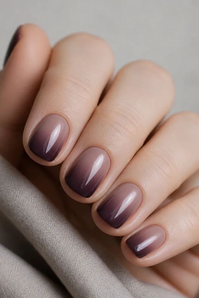 Five short rounded nails. The cuticle is a pale mauve. The ombre deepens into plum around the outer half, while a smoky taupe haze smooths the transition. Finish is glossy and slightly smoky, no sparkle.