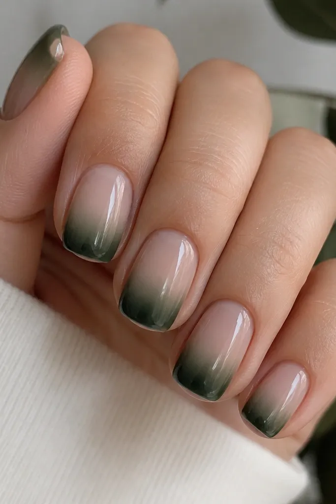 Five short nails with a rounded-square shape. The cuticle is a sheer jelly nude. The ombre fades into forest green near the tip. The top coat has a jelly-like shine, with a slightly glassy look.