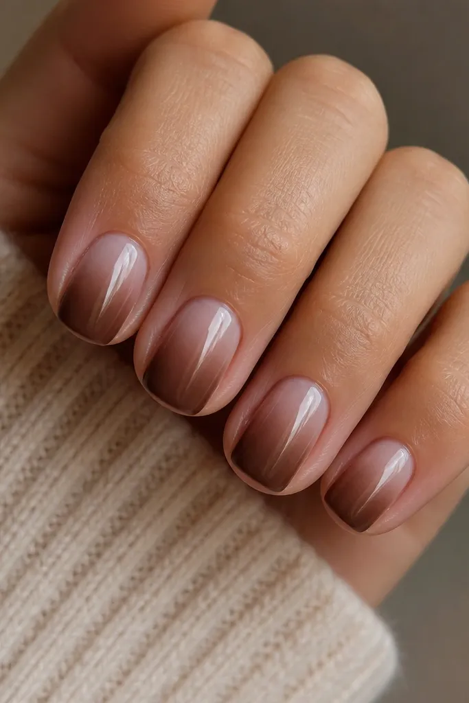 Five short nails with a rounded-square shape. The cuticle is milky rose. The center has a soft transition into warm chocolate brown toward the tip. No glitter, just a creamy glossy finish.