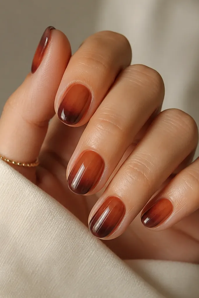Five short nails with a rounded shape. The ombre is mostly sienna at the cuticle fading into burnt umber at the tip, but the darkest fade sits more on one side, like a diagonal wash. Glossy finish.