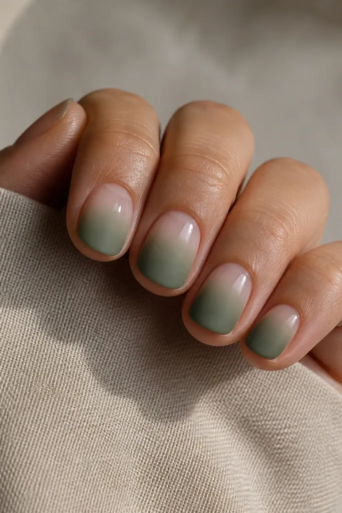 Five short nails. The cuticle is glossy sheer nude. The rest of the nail fades from a light sage at the middle into deeper olive at the tip. The top coat is matte everywhere except the cuticle area, which stays glossy.