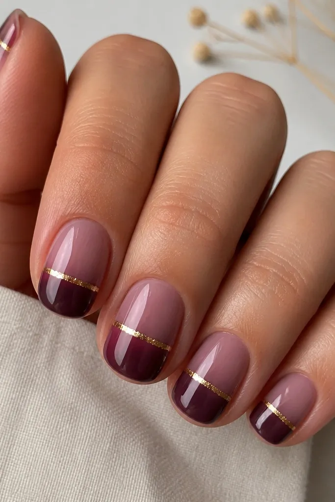 Five short rounded nails. The cuticle is sheer mauve. The ombre fades into deep plum at the tip. A thin strip of metallic gold foil sits horizontally right where the plum starts to deepen. Glossy finish.
