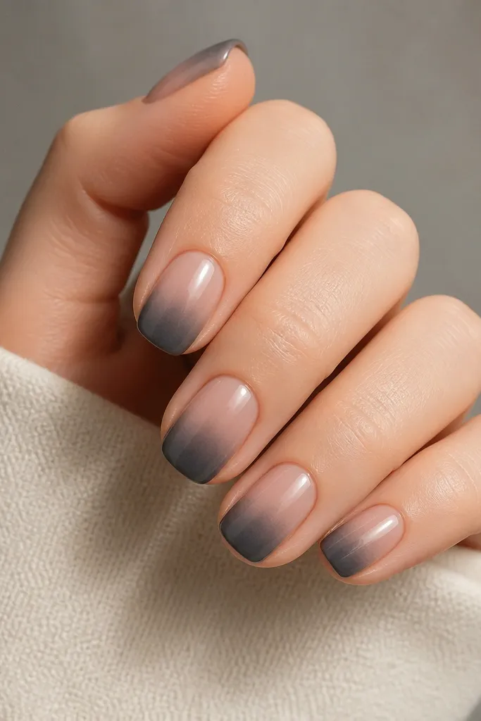 Five short nails with a rounded-square shape. The base is sheer nude and glossy. The ombre is a charcoal gray that looks smoky and feathered near the tips. No glitter, no extra designs.