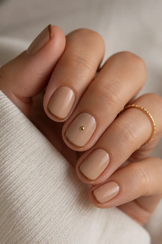 Short nails painted a creamy cinnamon-beige. Each nail has a very thin micro French tip in warm brown. One accent nail has a tiny gold dot placed exactly in the middle of the nail about halfway between cuticle and tip.