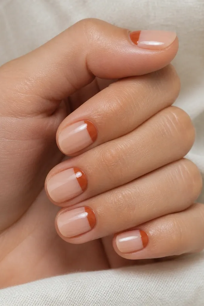 Short nails in a sheer nude base. The cuticle area has a curved half-moon in terracotta orange, leaving the rest nude. The cuticle half-moon is clean and arcs toward the center; nails have a glossy finish.