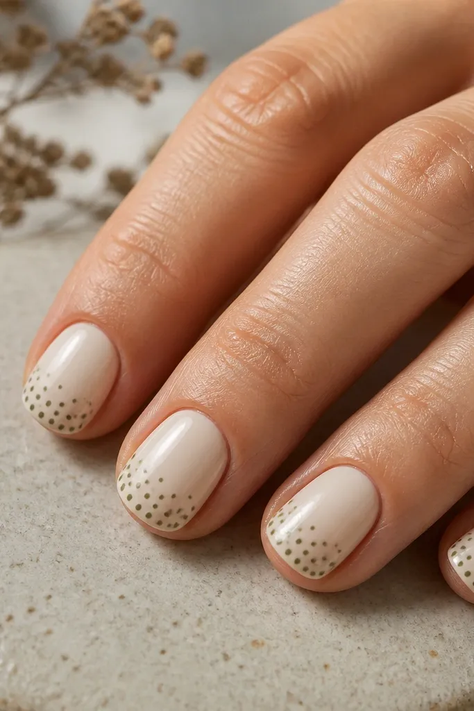 Short nails painted oat milk nude. On each nail, there are 4-6 small dots in olive sage clustered near the cuticle and thinning out toward the center. Dots are evenly spaced and nails are glossy.