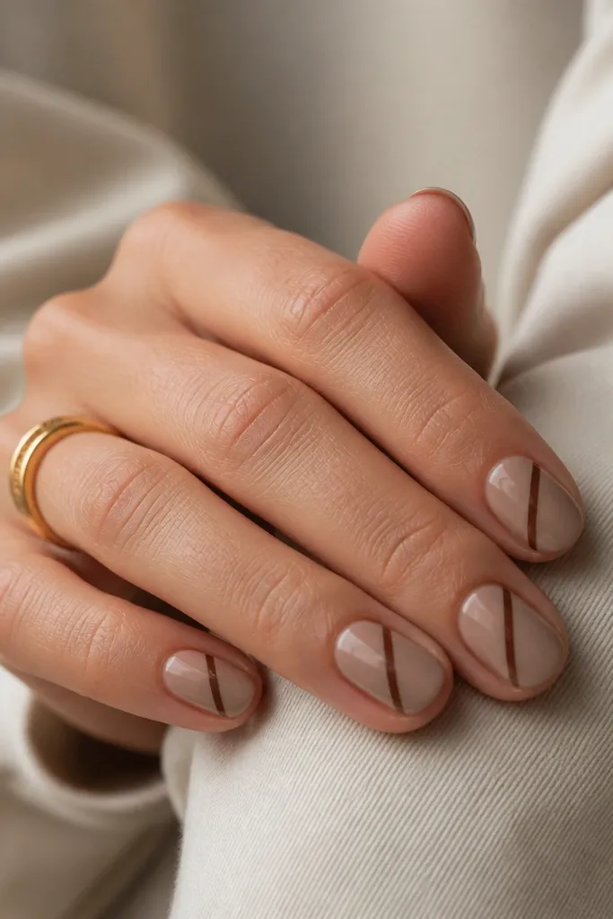 Short nails in warm taupe nude. On each nail, there is one diagonal burnt-umber stripe running from lower left near the middle to upper right near the tip. The stripe is thin, clean, and glossy.