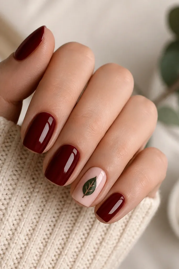 Most nails are painted deep berry red with a glossy finish. One accent nail has a small matte leaf silhouette in dark green near the cuticle, with a thin light-brown vein line. Leaf is centered and small, not covering the whole nail.