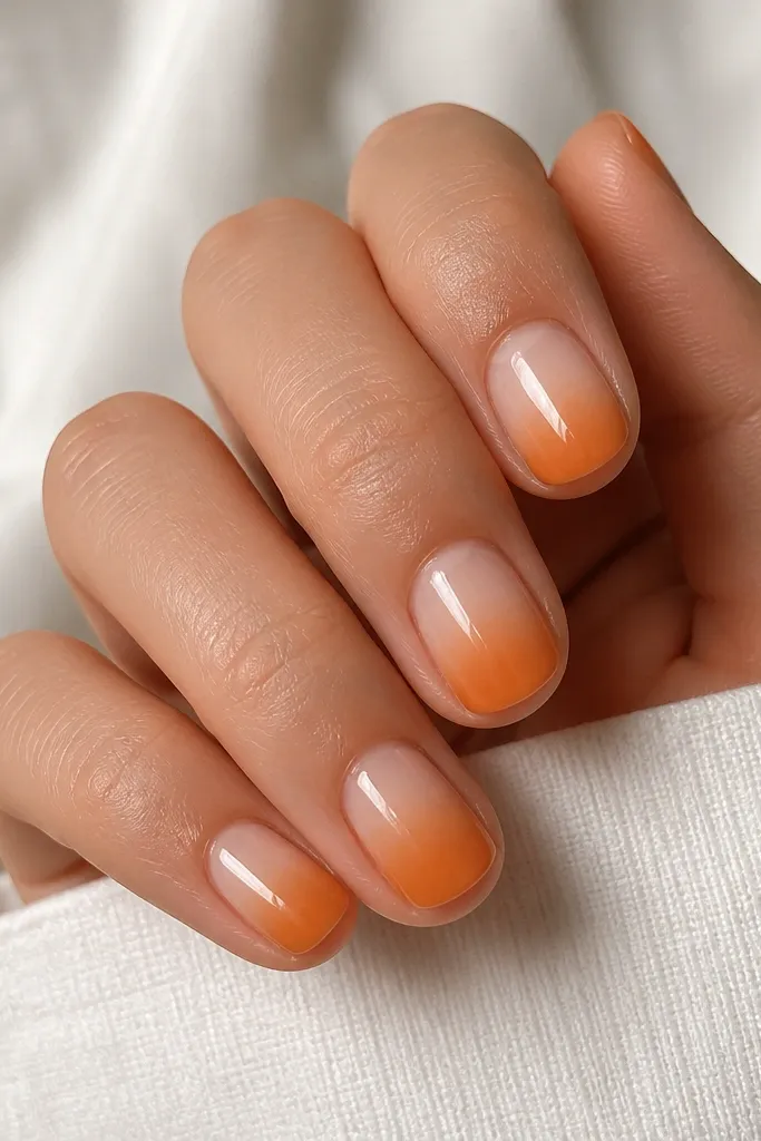 Short nails with a gradient fade: pumpkin orange starts near the tip and blends into a nude base. The nude is stronger near the cuticle, while the orange looks smooth and airy. Nails are glossy.