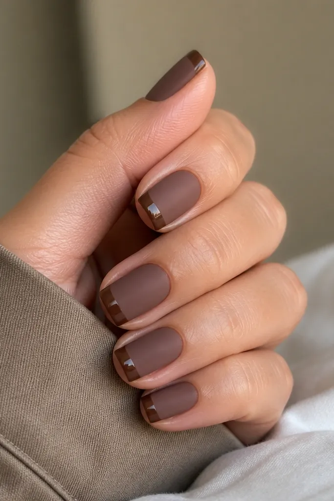 Short nails painted mocha brown with a matte finish. The tips have a glossy chocolate-brown layer, forming a mini French shape that's slightly wider than a micro French. The rest of the nail stays matte.
