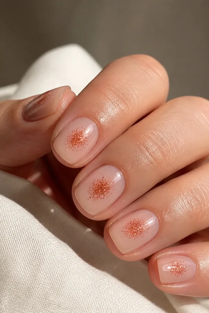 Short nails in a sheer nude base. On each nail, there's a small cluster of rust-orange micro glitter concentrated in the center of the nail, leaving the sides clear. Nails have a glossy top coat.