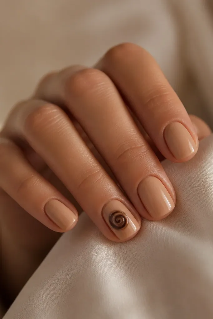 Short nails in caramel nude. On the ring finger, there is a small chocolate-brown swirl near the center with a thin caramel outline around the swirl. Other nails are plain caramel nude with gloss.