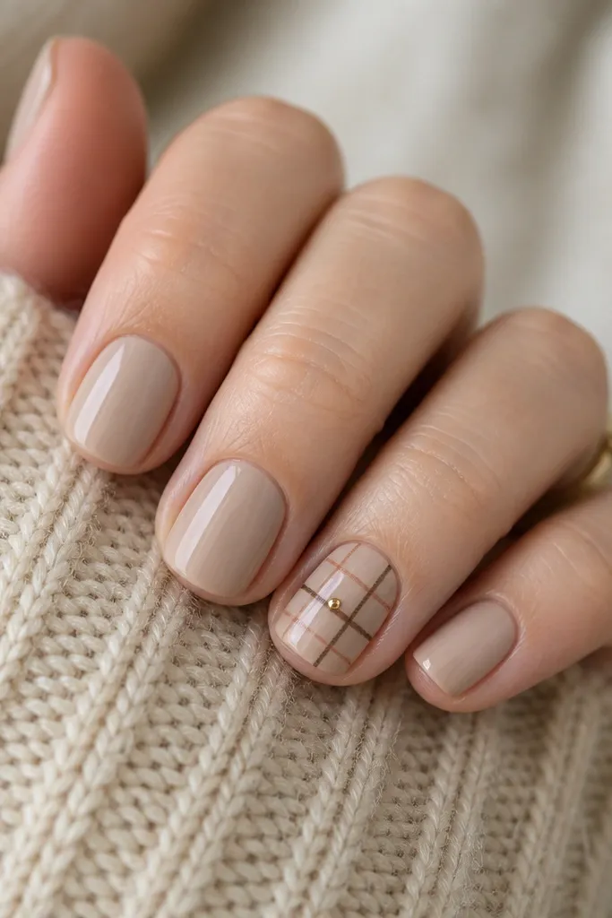 Short nails with a warm oat-nude base. Most nails are plain and glossy. The accent nail has a simple plaid made from thin lines: burnt orange and dark brown crossing to form small squares, with one tiny gold dot in the center.