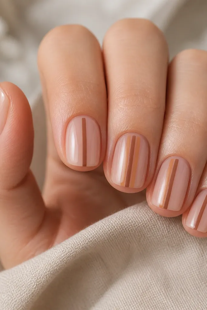 Five short square nails with a glossy nude base. Each nail has a single thin cinnamon-brown vertical stripe centered from cuticle area to tip, with a slightly brighter caramel line running alongside it on two accent nails.