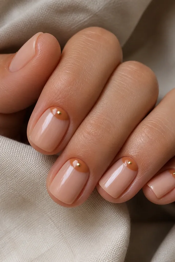 Short square nails with a sheer warm beige base. The cuticle area has a caramel half-moon shape on each nail, crisp and glossy, with a tiny dot of gold at the center of the half-moon.