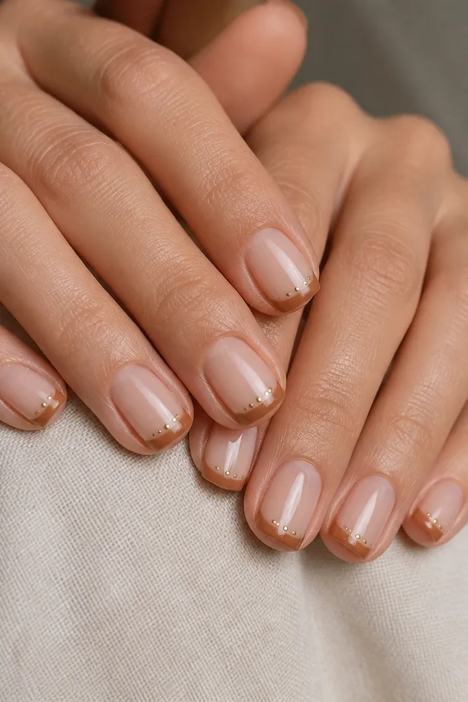 Short square nails with a sheer nude base. The tips are painted a toffee brown French line, and directly above the French line there are three tiny gold dots arranged in a straight row on each nail.