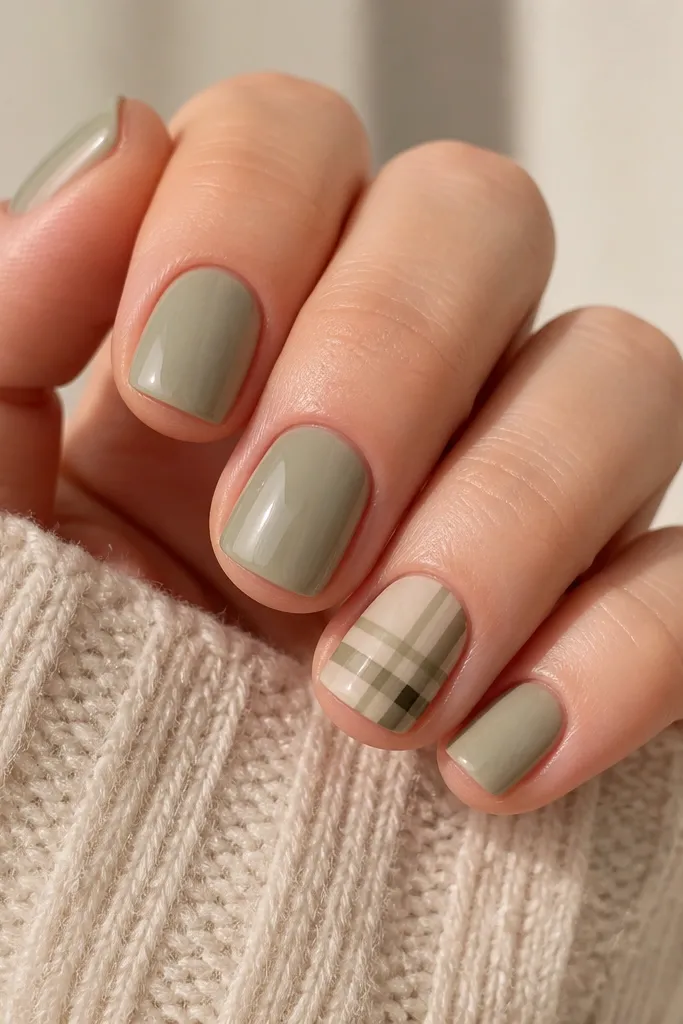 Four nails have a glossy sheer sage base. One nail has an olive-and-cream plaid pattern with thin lines, small intersections, and a tiny black corner check. All nails are short square.
