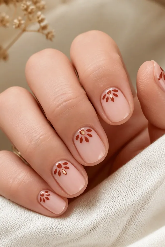 Short square nails with a nude base. On each nail, there's a rust-colored flower cluster near the center cuticle area, with the petals leaving clear negative space between them. One nail has a small gold leaf shape next to the bloom.