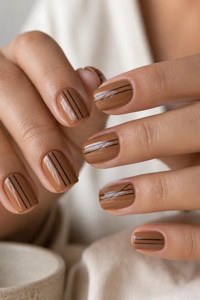 Short square nails with a warm caramel base. Each nail has two ultra-thin black lines running vertically down the center, with one diagonal micro line crossing them near the tip on two accent nails.