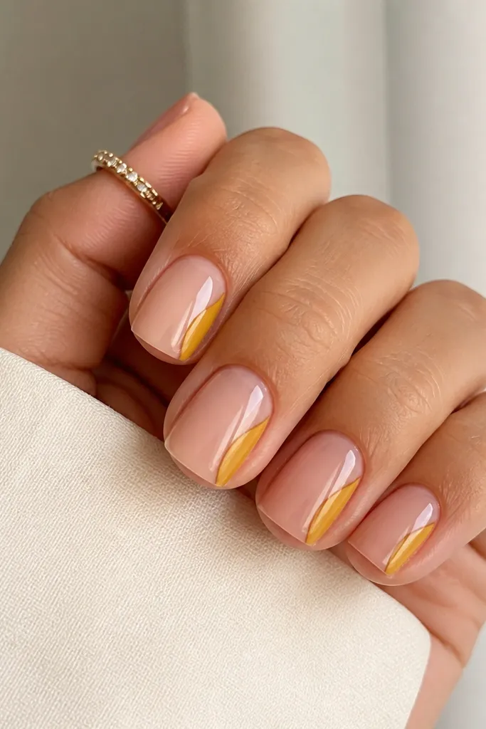 Short square nails with a sheer nude base. One side of each nail has a mustard-gold French curve that hugs the right or left edge, leaving the center bare. The finish is glossy and clean.
