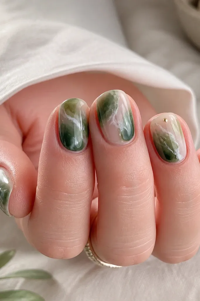 Short square nails with a glossy translucent base. Each nail has a marble effect made from emerald green and olive swipes, with white veining that stays mostly in the center. One nail has a tiny gold dot near the cuticle.