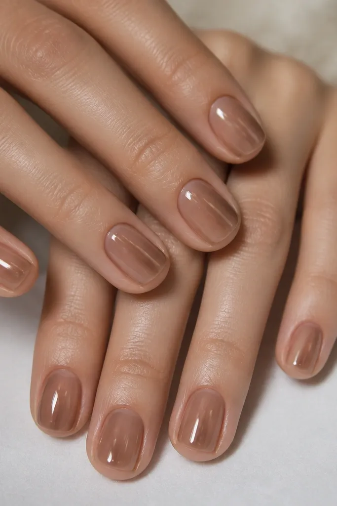 Short square nails with a nude base. Over the top, there's a thin cocoa-brown glaze layer that looks semi-transparent, with a glossy finish and no heavy pattern. Two nails have a faint darker streak down the center.