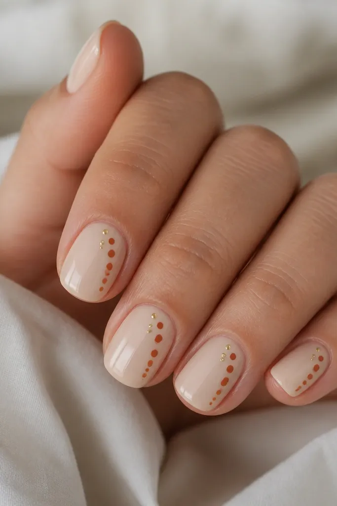 Short square nails with a creamy nude base. A line of small burnt orange dots runs diagonally from near the cuticle center toward the top right edge, with a couple of tiny gold dots near the tip. Glossy finish.