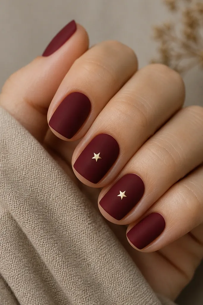 Short square nails in deep wine color with a matte finish. On two accent nails, there is a tiny metallic gold star near the center of the nail. Other nails are plain matte wine.