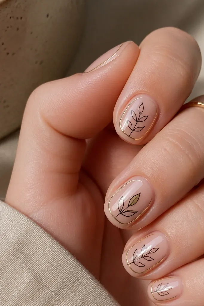 Short square nails with a glossy nude base. Thin black leaf line art sits in the center of each nail, and a thin gold outline frames the nail tip area like a delicate border. One nail has a small olive leaf filled in.