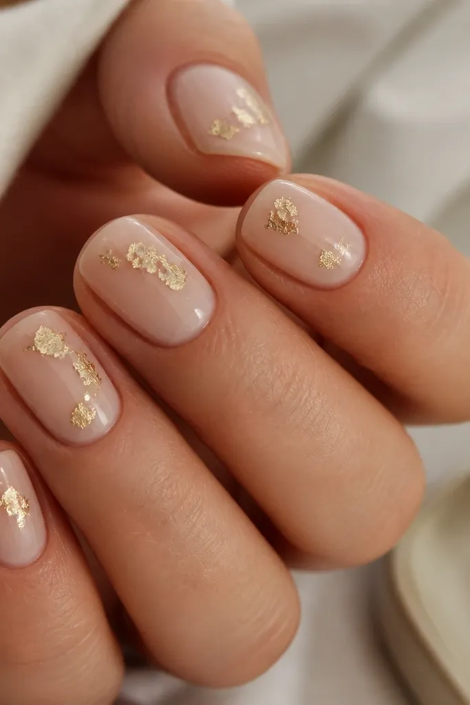 Short square nails with a glossy nude base. Tiny gold leaf pieces are placed in small clusters near the center and sides, with a few pieces closer to the tip. Pieces look like thin foil flakes, not glitter dust.
