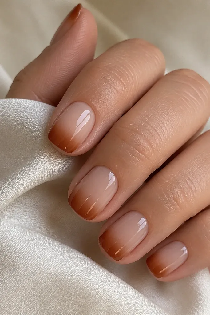 Short square nails with a nude base fading into burnt sienna at the tips. The ombre is smooth and glossy, with the darkest color concentrated at the very tip line.