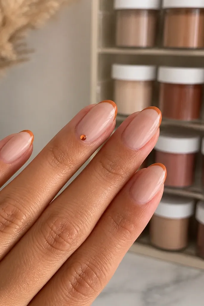 Close-up of medium almond nails. The base is sheer nude dip, and a thin micro French line runs across the tips in burnt orange. One nail has a tiny dot near the cuticle. The background shows a small upright powder rack with labeled jars.