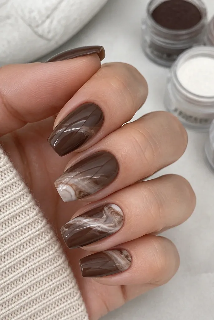 Short-to-medium coffin nails with a chocolate brown base. White-brown marble swirls cross diagonally, with one nail showing a slightly bolder swirl. In the corner, the dip powders are stored in small jars with handwritten labels.