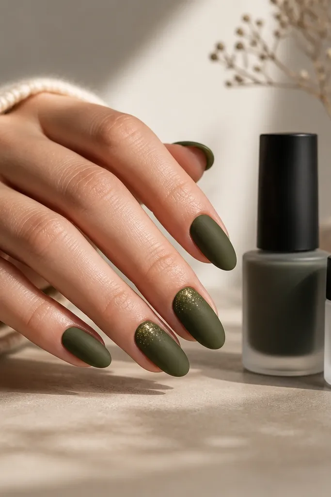 Medium almond nails in deep forest olive with a matte finish. Two accent nails have a few tiny metallic gold specks near the cuticle like dusted glitter. The photo includes a matte top coat bottle and a matte powder jar stored upright.