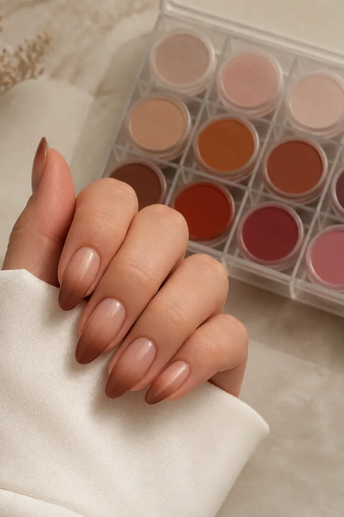 Medium almond nails with a nude base fading into cinnamon brown near the tips. The ombre looks smooth and airbrushed, with no hard line. A small storage organizer shows dip jars grouped by color family.