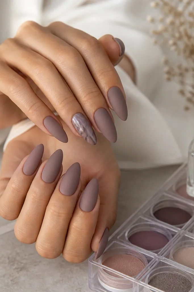 Long almond nails in smoky mauve dip, mostly matte. On one accent nail per hand, there is a glossy marble cap with gray and mauve swirls. A top coat bottle sits beside a powder organizer.