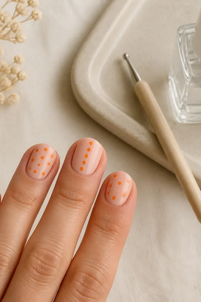 Short square nails on a nude base. Tangerine dots are arranged in a scattered pattern across two nails, with one nail having a single vertical dot line. The photo includes a small dotting tool and a clear top coat stored in a labeled tray.