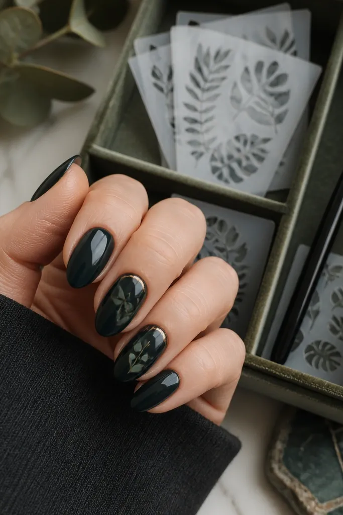Medium almond nails in deep blackened teal. Two nails have a leaf silhouette in dark green and a thin gold outline near the cuticle. The image shows leaf stencil sheets and a nail brush in a small organizer.