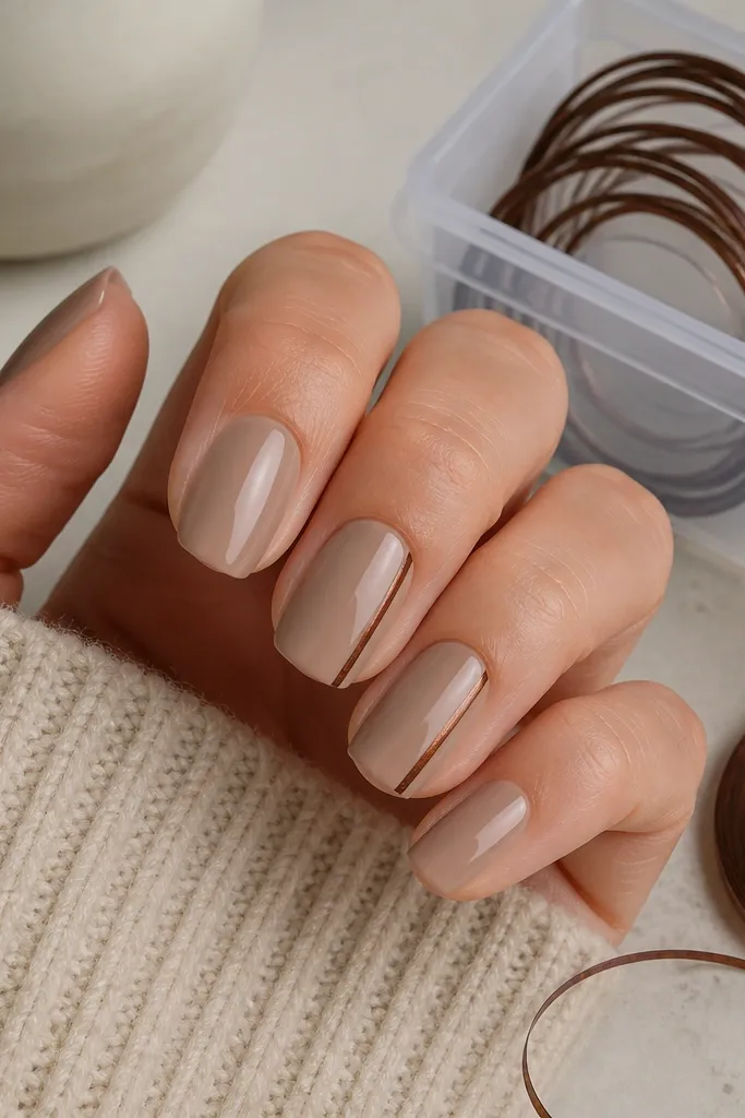Nails are taupe-nude dip with glossy finish. Two nails have a thin burnt umber stripe running down one sidewall, not centered. The image includes a striping tape roll and a small storage bin for it.