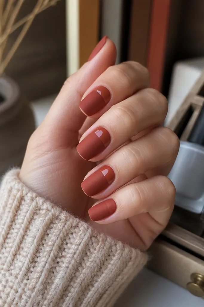 Rust red nails with a matte finish on most nails. One or two nails have a glossy top half and matte bottom half, separated by a clean horizontal line. A matte top coat and glossy top coat bottles are visible in storage.