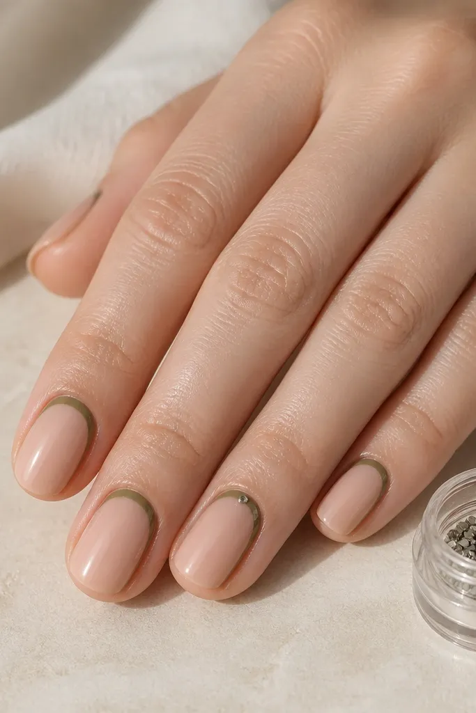 Nude dip nails with an olive cuticle frame painted like a thin border around the cuticle. One nail has a single tiny rhinestone centered on the border. Rhinestones are stored in a small labeled cap container.