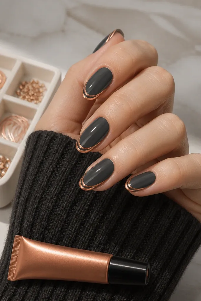 Charcoal dip nails with glossy finish. The tips have a copper outline - a thin copper line tracing the French shape without filling the tip area. A copper striping gel tube sits next to a nail art organizer.