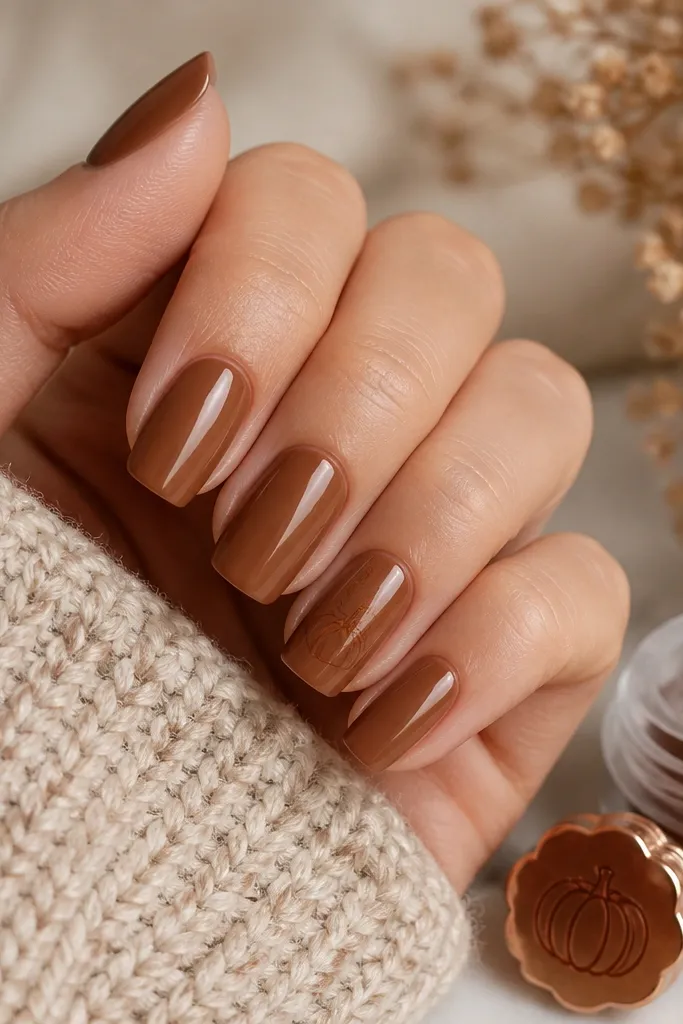 Warm pecan brown dip nails with glossy finish. One accent nail has a tiny pumpkin sketch in dark orange and brown lines near the cuticle. A small pumpkin-shaped nail art stamp and storage container are visible.