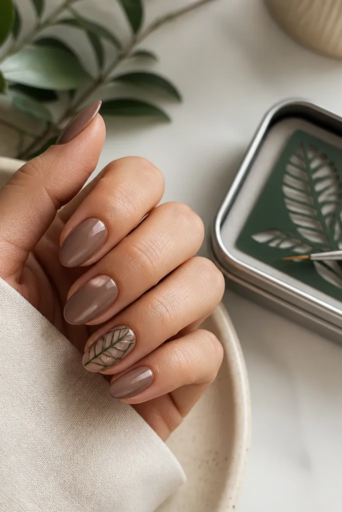 Mocha nude nails with a glossy top coat. One accent nail shows a leaf vein design in dark green lines, leaving negative space so the base shows through. A leaf stencil and a fine brush are stored in a small case.