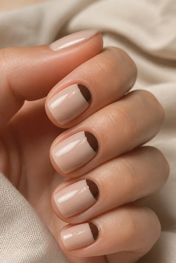 Close-up of short square nails painted a creamy oat-milk nude. At the cuticle on each nail, a crisp espresso-brown half-moon curves across the base. The rest of the nail stays bare-nude with a glossy top coat.