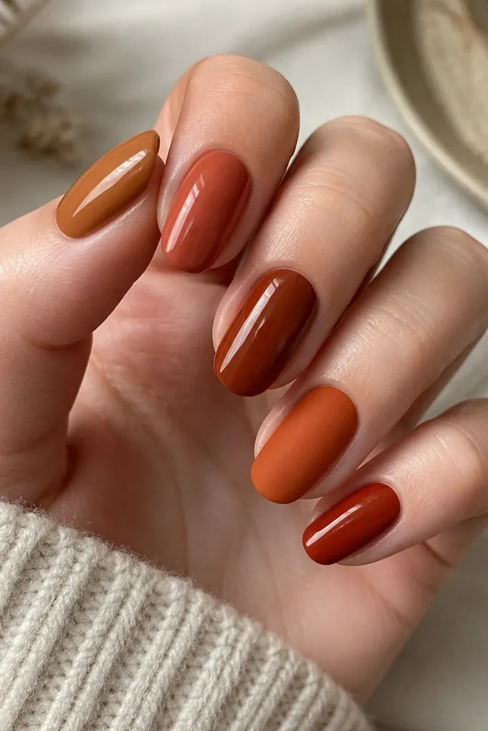 Five nails with different burnt-orange family shades: one is caramel, one is terracotta, one is cinnamon brown, one is brick red, and one is a warm amber. Four nails are glossy; one nail (usually the ring finger) is matte with a velvety finish.